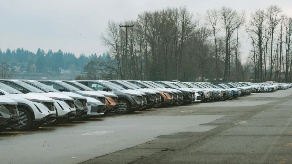 Longa fila de carros estacionados ao ar livre num dia nublado