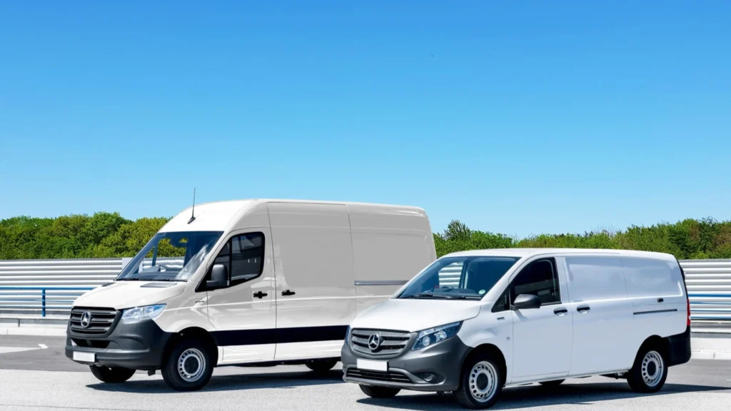 Furgão comercial branco estacionado em armazém logístico