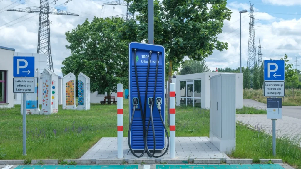 Carro eléctrico a carregar em posto público na Alemanha