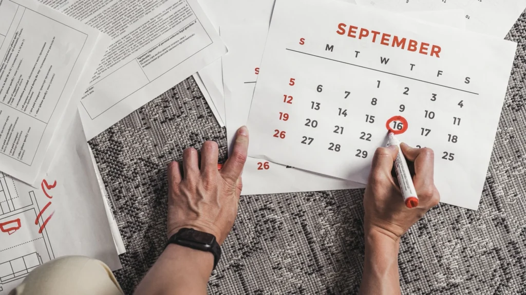 Calendário aberto com prazo marcado a vermelho